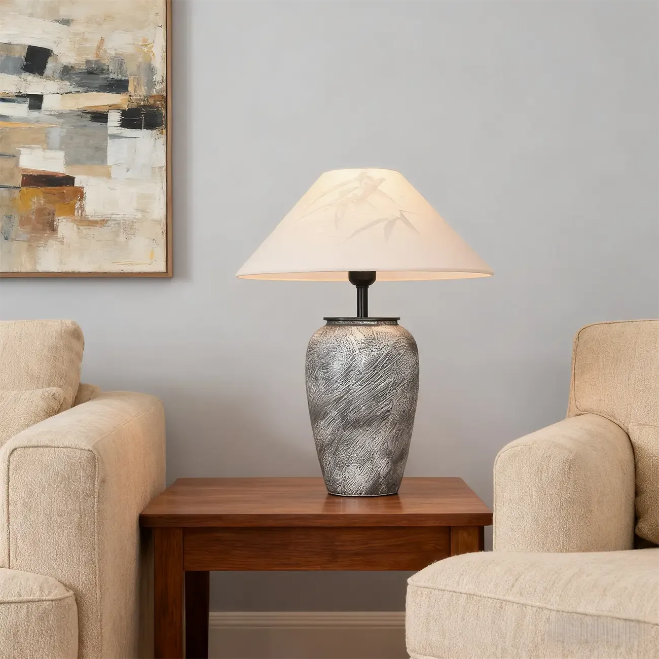 Modern Gray Ceramic Table Lamp with Fabric Shade