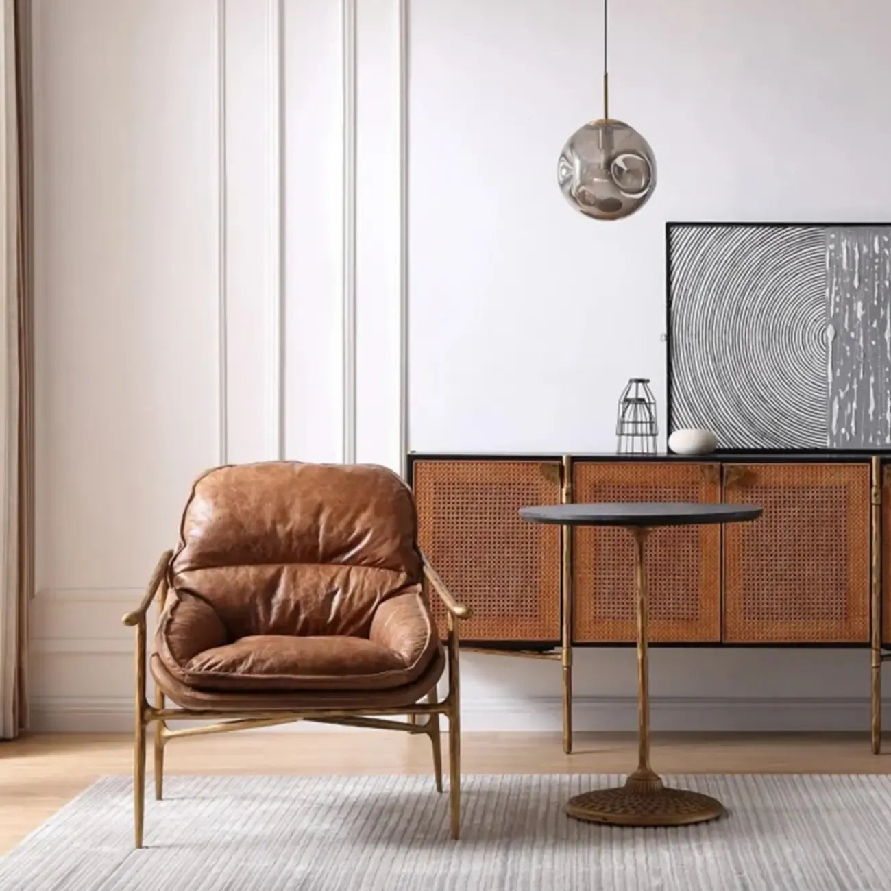 Mid-Century Modern Genuine Leather Accent Armchair