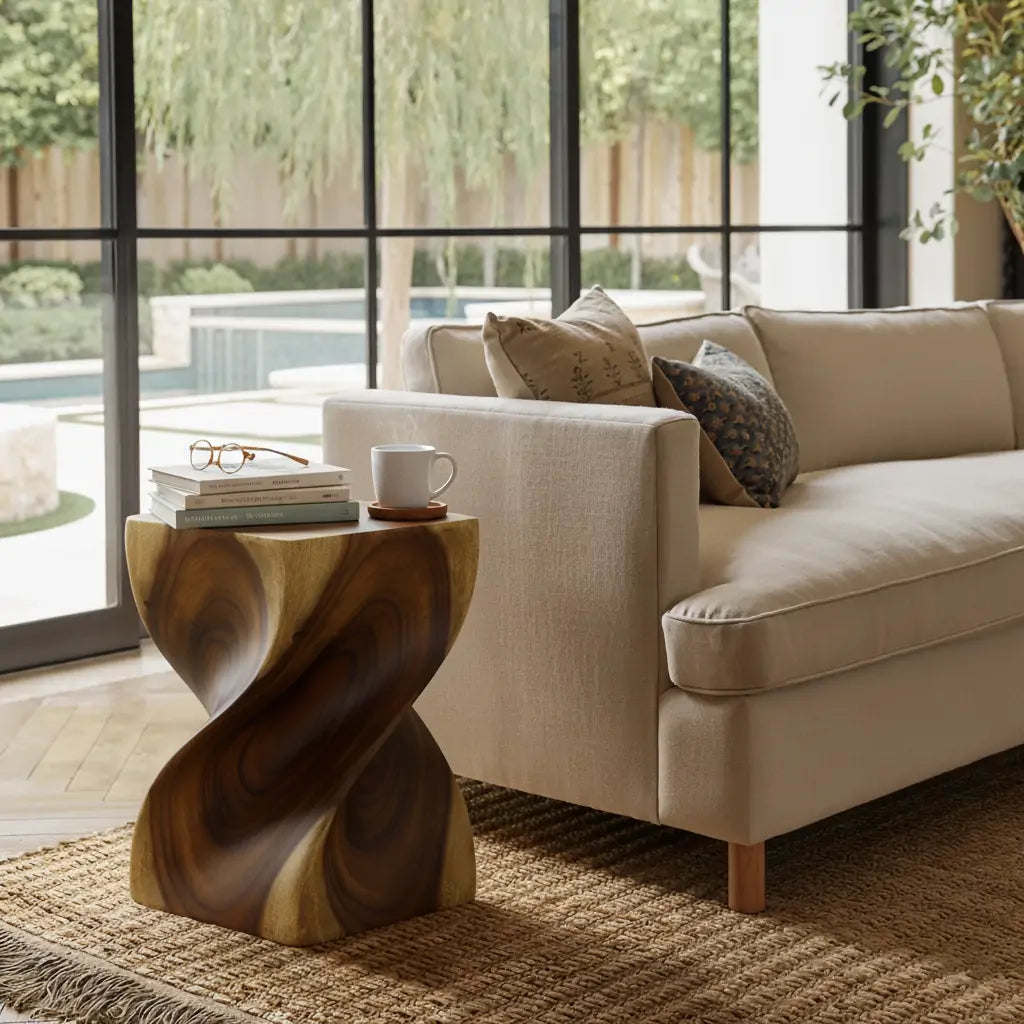 Modern Wood Hourglass End Table for Living Room