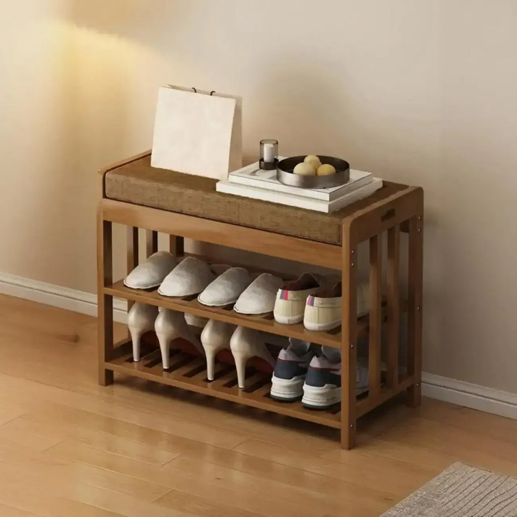 Classic Brown Bamboo Cushioned Shoe Storage Bench