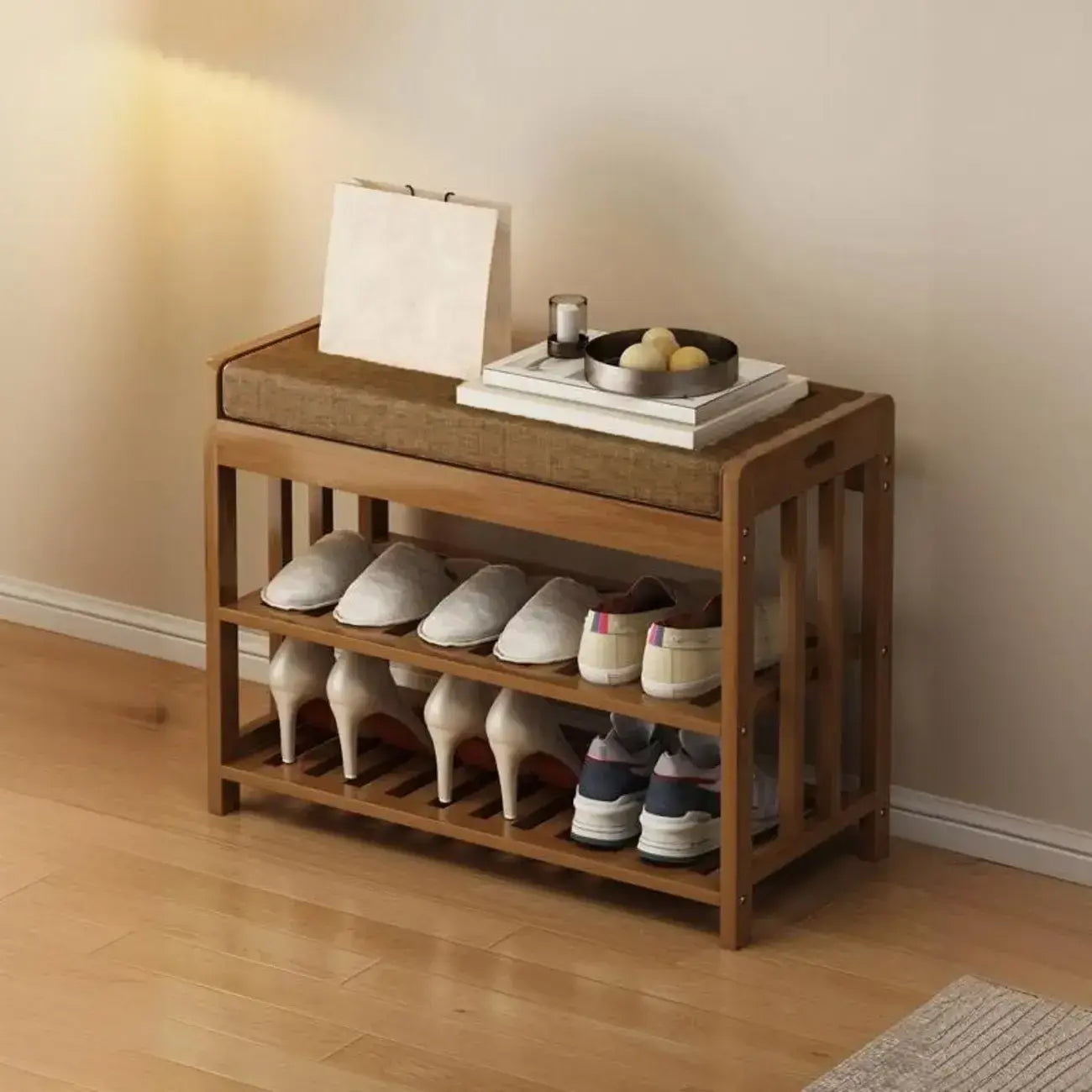 Classic Brown Bamboo Cushioned Shoe Storage Bench