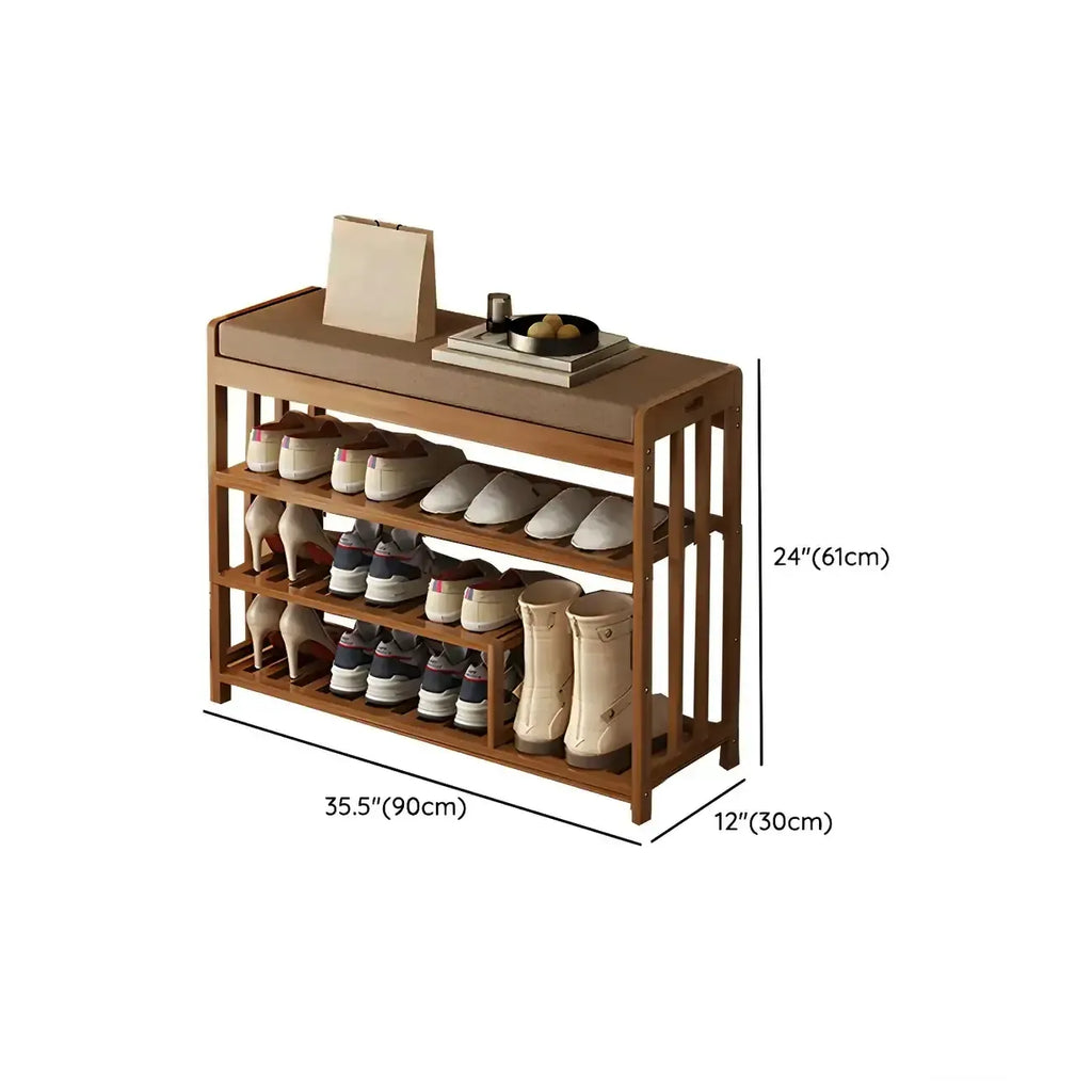 Classic Brown Bamboo Cushioned Shoe Storage Bench