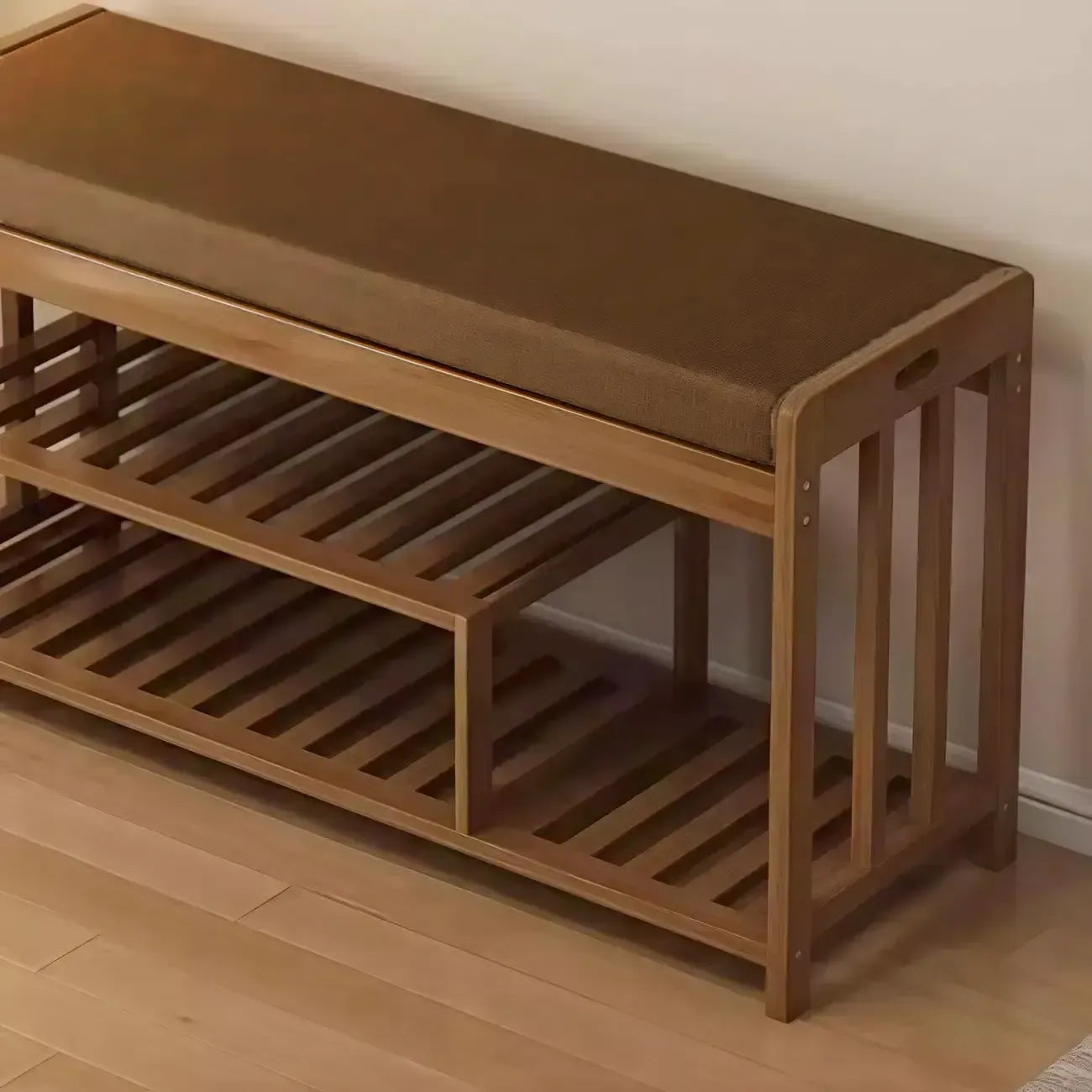 Classic Brown Bamboo Cushioned Shoe Storage Bench