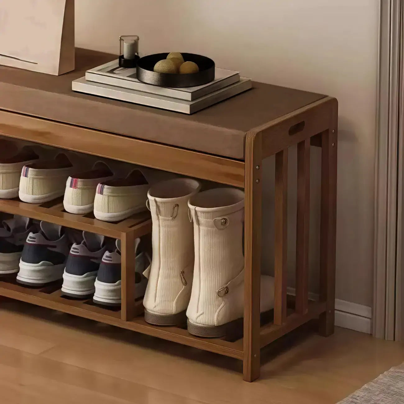 Classic Brown Bamboo Cushioned Shoe Storage Bench