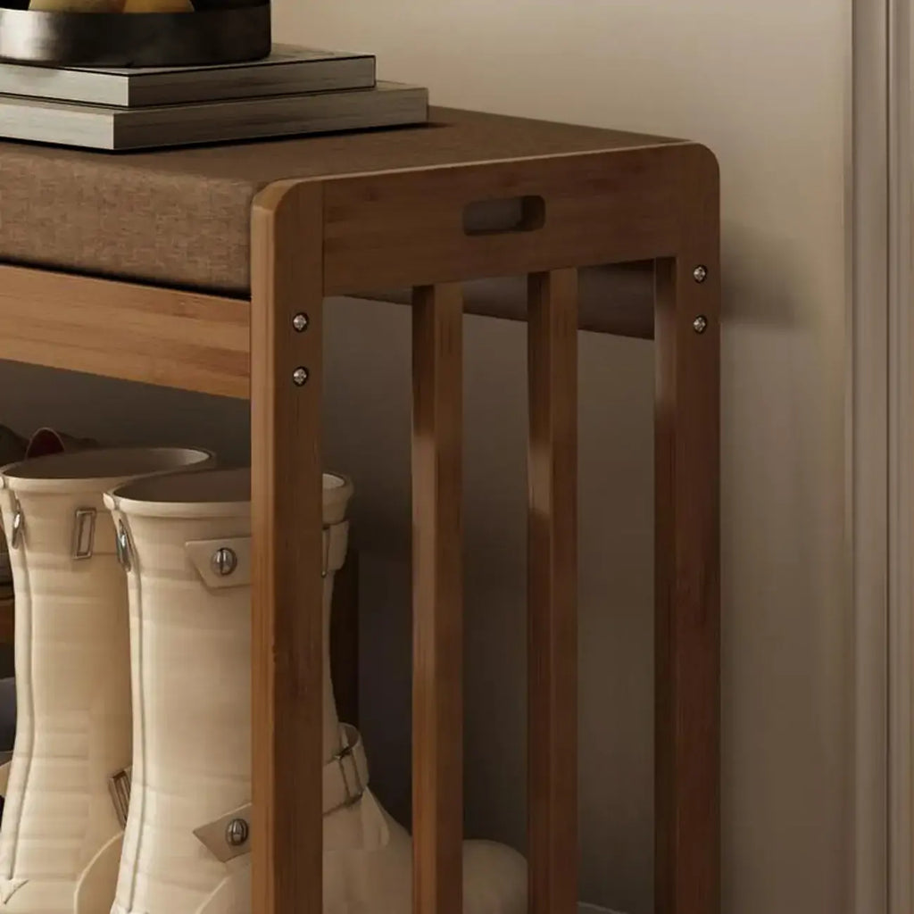 Classic Brown Bamboo Cushioned Shoe Storage Bench