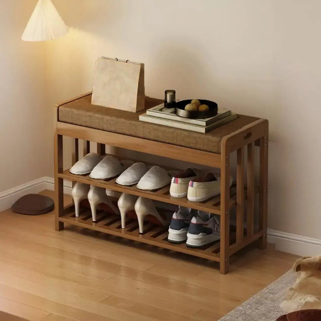 Classic Brown Bamboo Cushioned Shoe Storage Bench