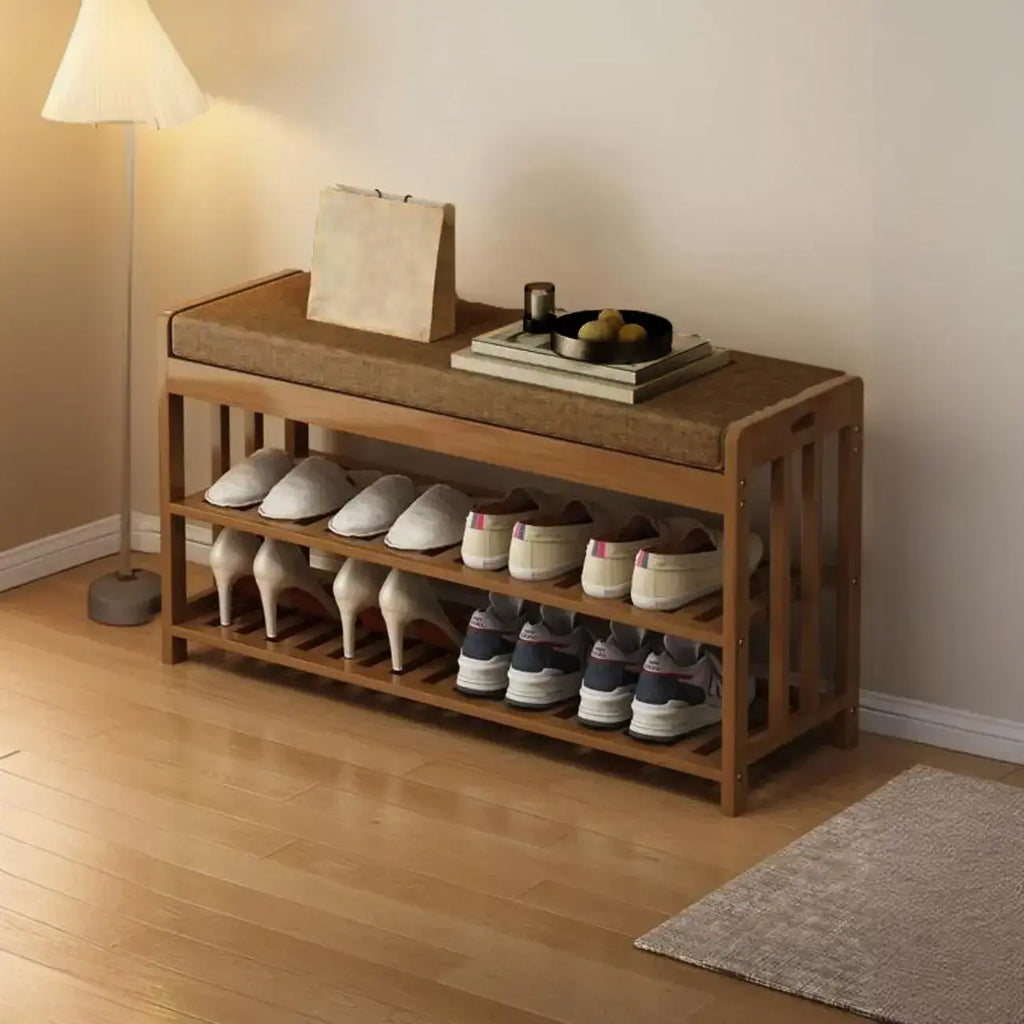 Classic Brown Bamboo Cushioned Shoe Storage Bench