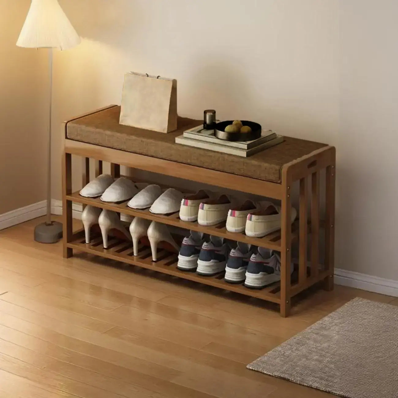 Classic Brown Bamboo Cushioned Shoe Storage Bench