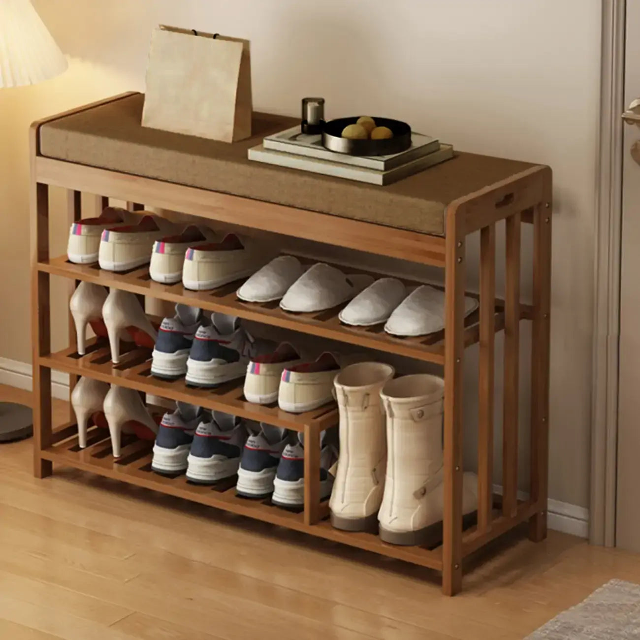 Classic Brown Bamboo Cushioned Shoe Storage Bench