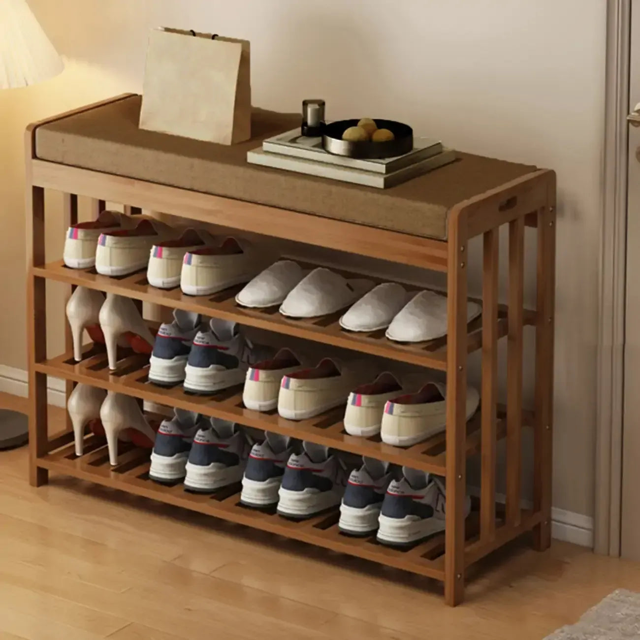 Classic Brown Bamboo Cushioned Shoe Storage Bench