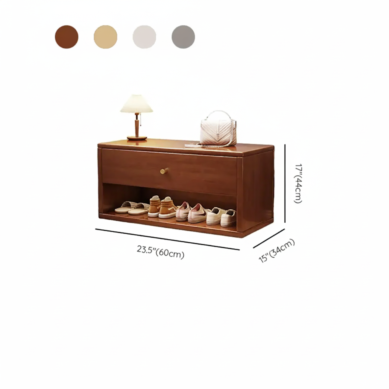 Compact Walnut Wood Storage Entryway Bench with Drawer