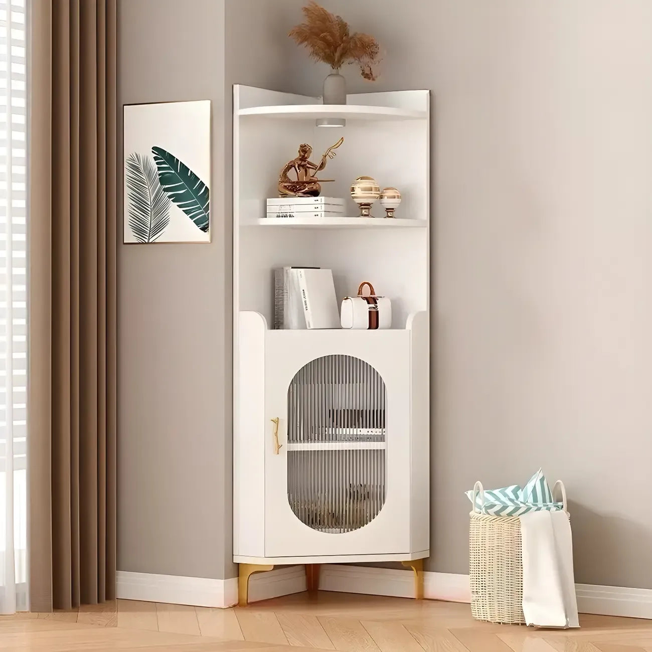 Modern White Rounded Wood Metal Leg Storage Corner Cabinet