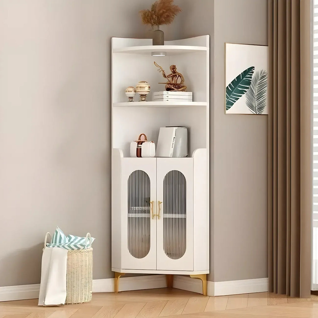 Modern White Rounded Wood Metal Leg Storage Corner Cabinet
