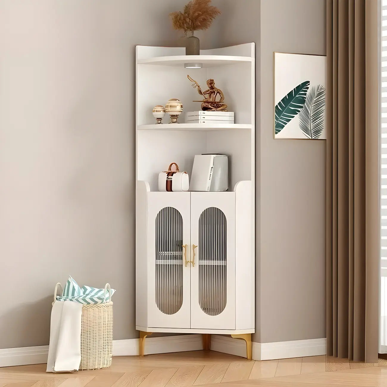 Modern White Rounded Wood Metal Leg Storage Corner Cabinet