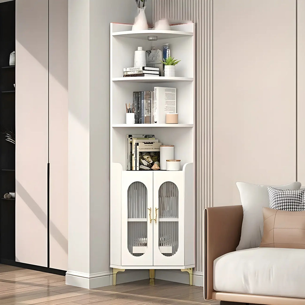 Modern White Rounded Wood Metal Leg Storage Corner Cabinet