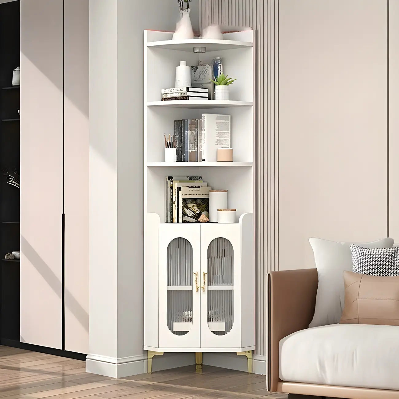 Modern White Rounded Wood Metal Leg Storage Corner Cabinet