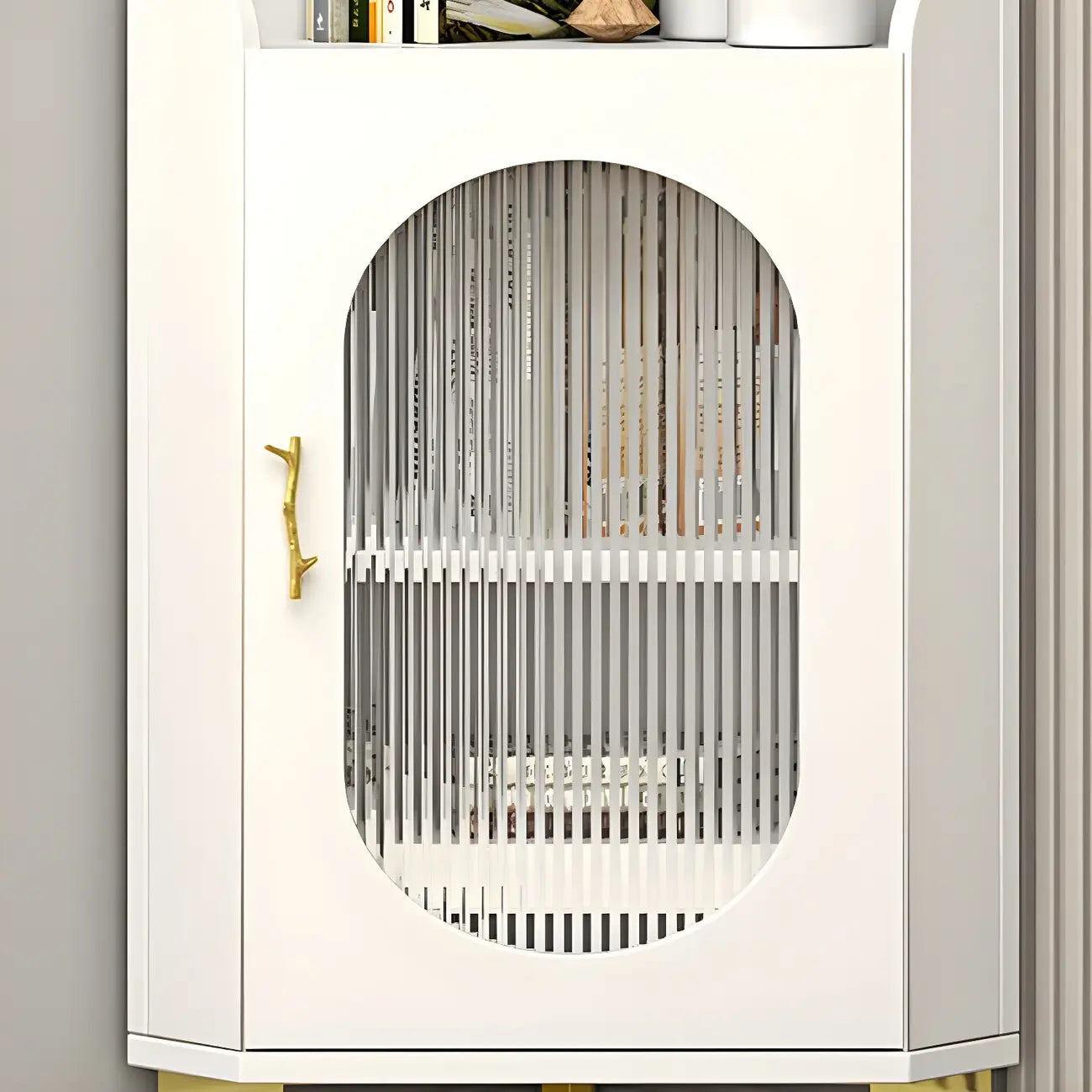 Modern White Rounded Wood Metal Leg Storage Corner Cabinet