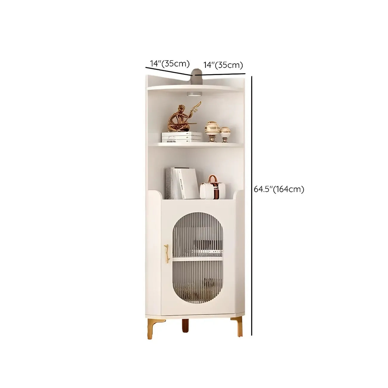 Modern White Rounded Wood Metal Leg Storage Corner Cabinet