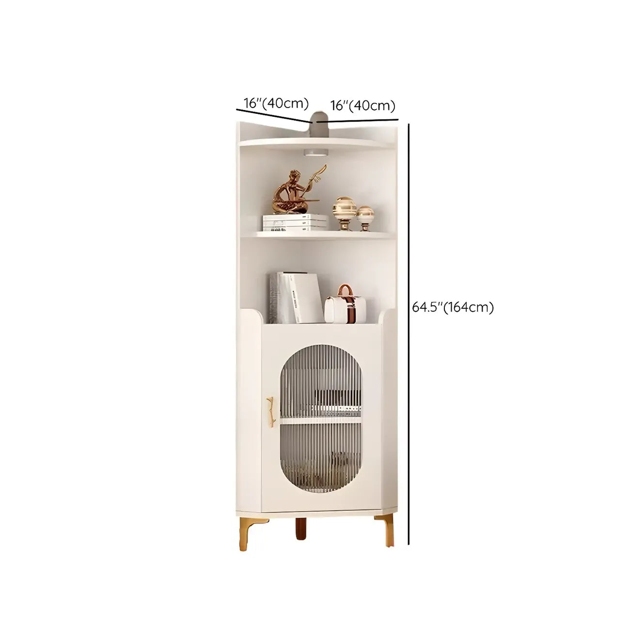 Modern White Rounded Wood Metal Leg Storage Corner Cabinet