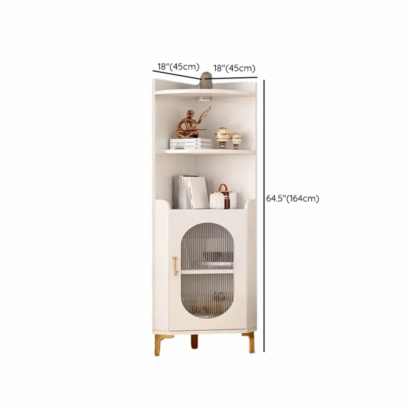 Modern White Rounded Wood Metal Leg Storage Corner Cabinet