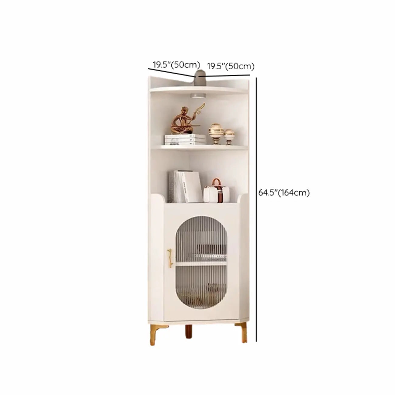 Modern White Rounded Wood Metal Leg Storage Corner Cabinet