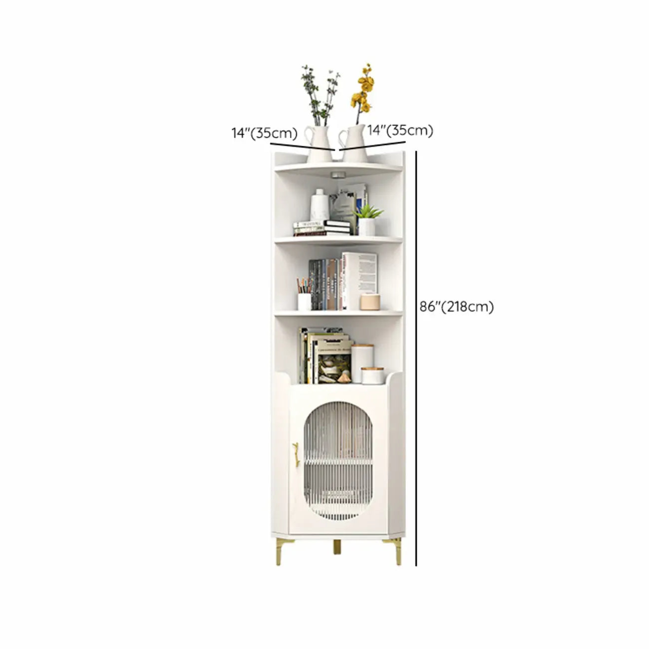 Modern White Rounded Wood Metal Leg Storage Corner Cabinet