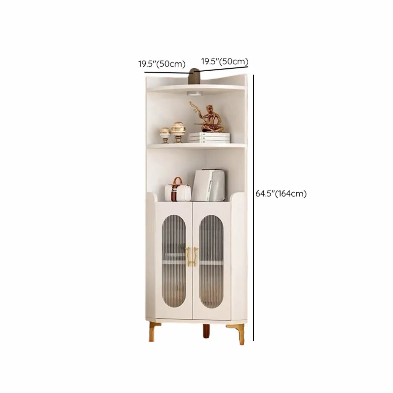 Modern White Rounded Wood Metal Leg Storage Corner Cabinet