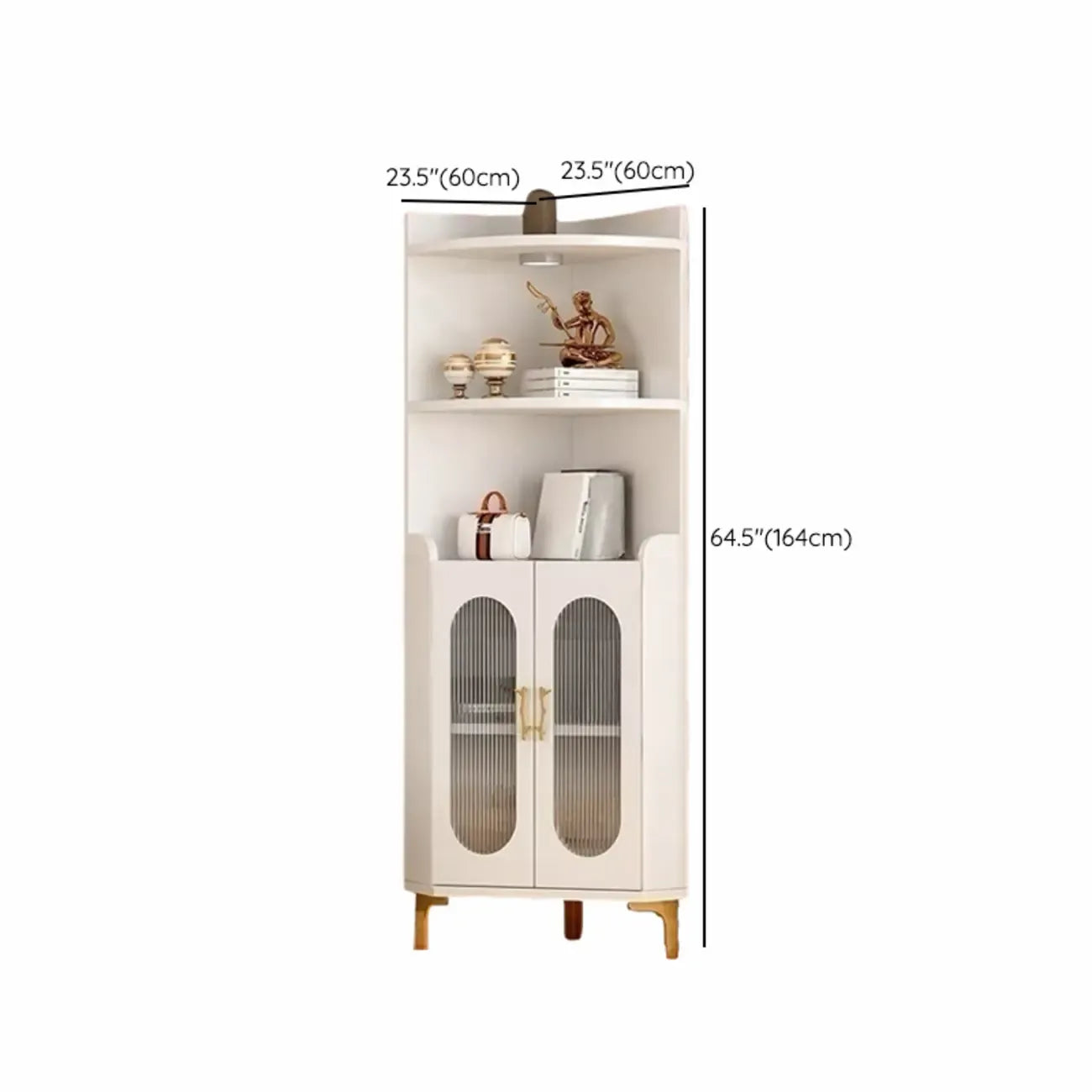 Modern White Rounded Wood Metal Leg Storage Corner Cabinet