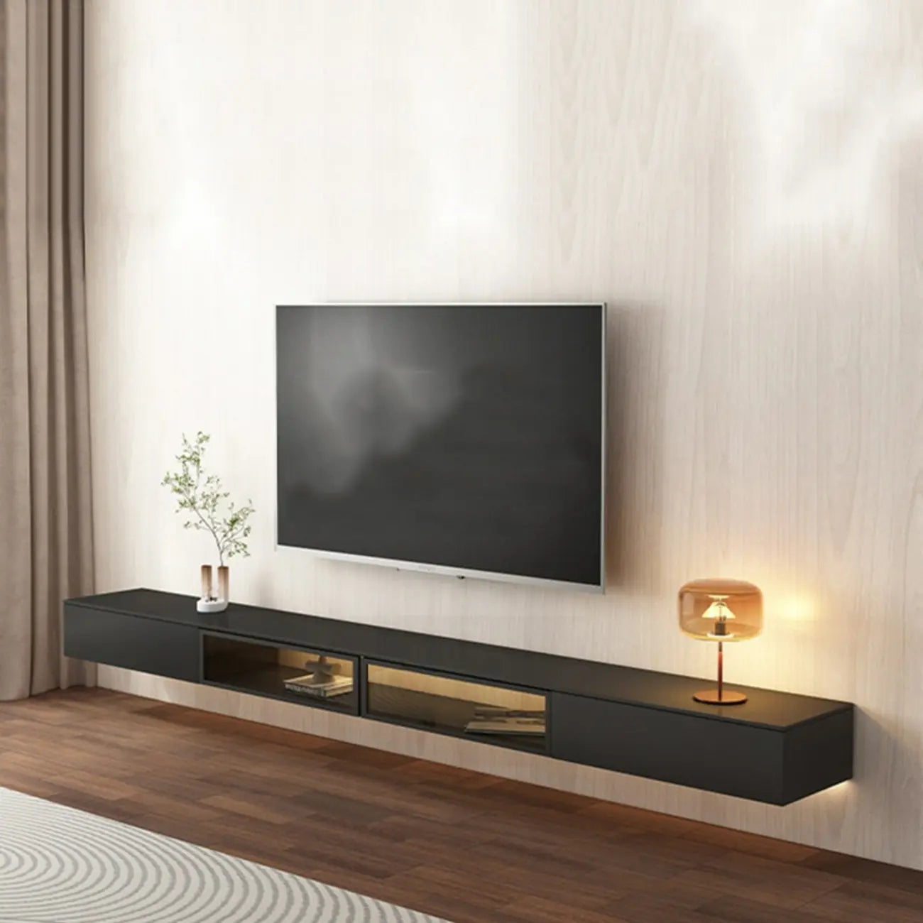 63 Grey Sintered Stone Long Floating TV Stand with Cabinet