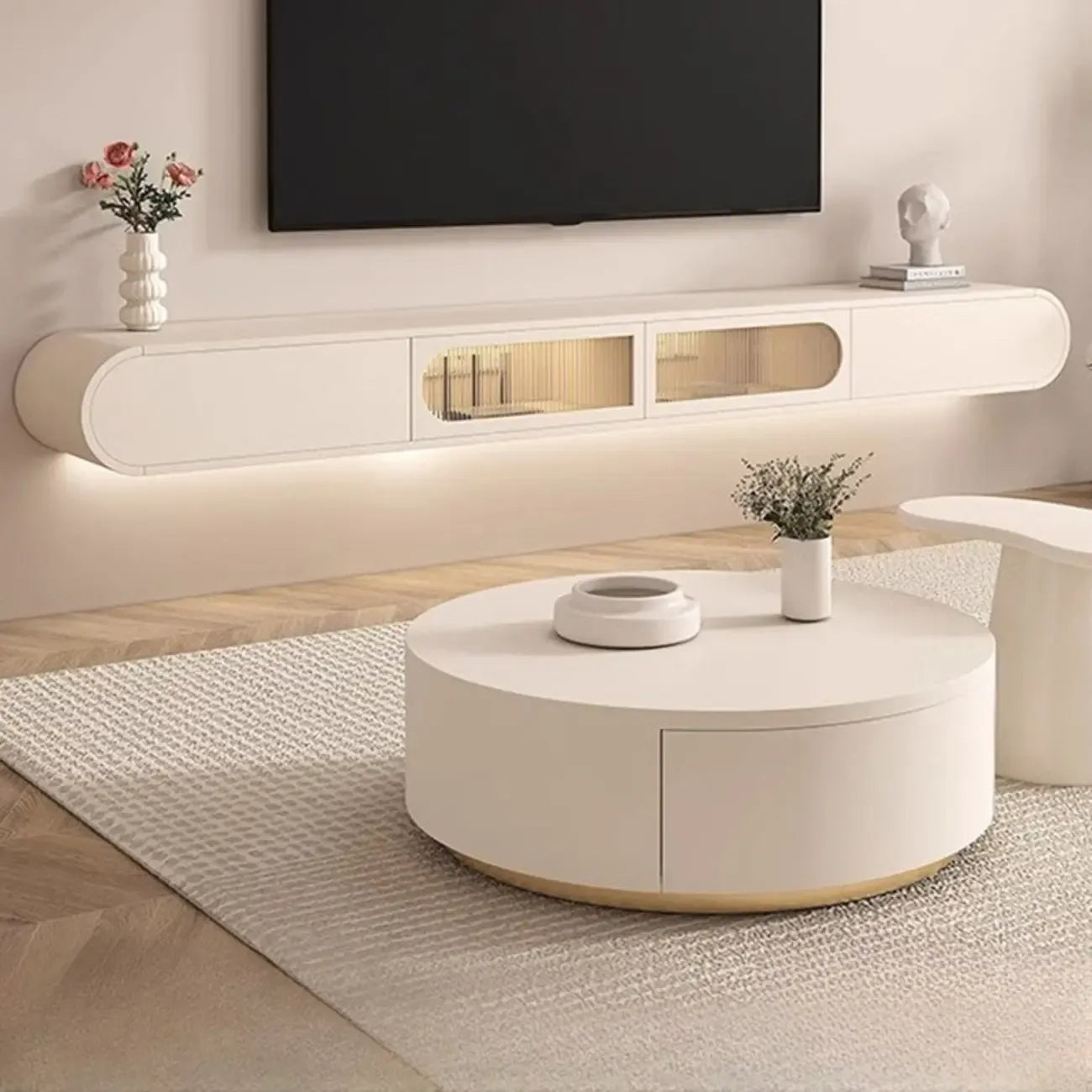 White Wooden Floating TV Stand with Storage for Living Room