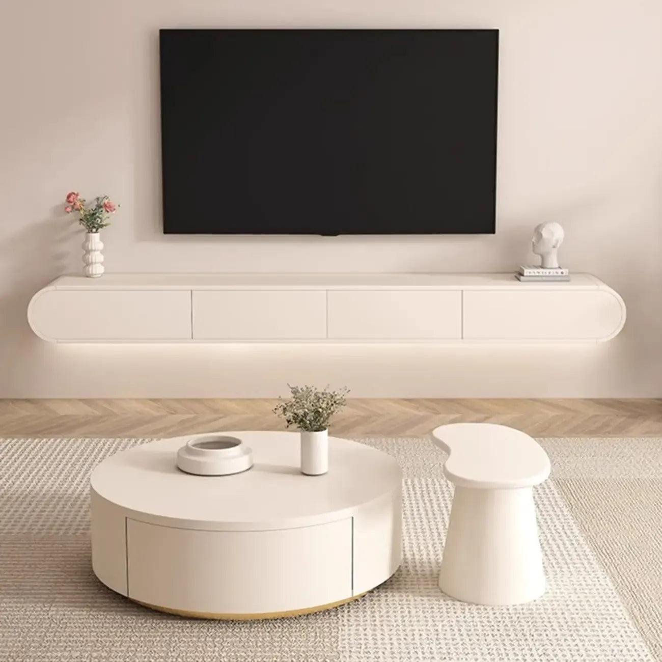 White Wooden Floating TV Stand with Storage for Living Room