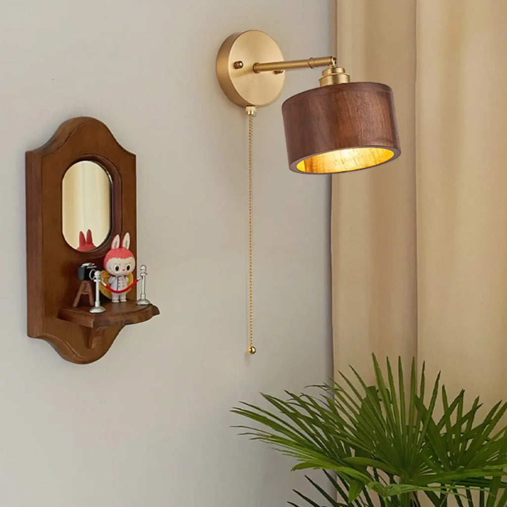 Wooden Drum-Shape Wall Sconce with Pull Chain for Bedroom