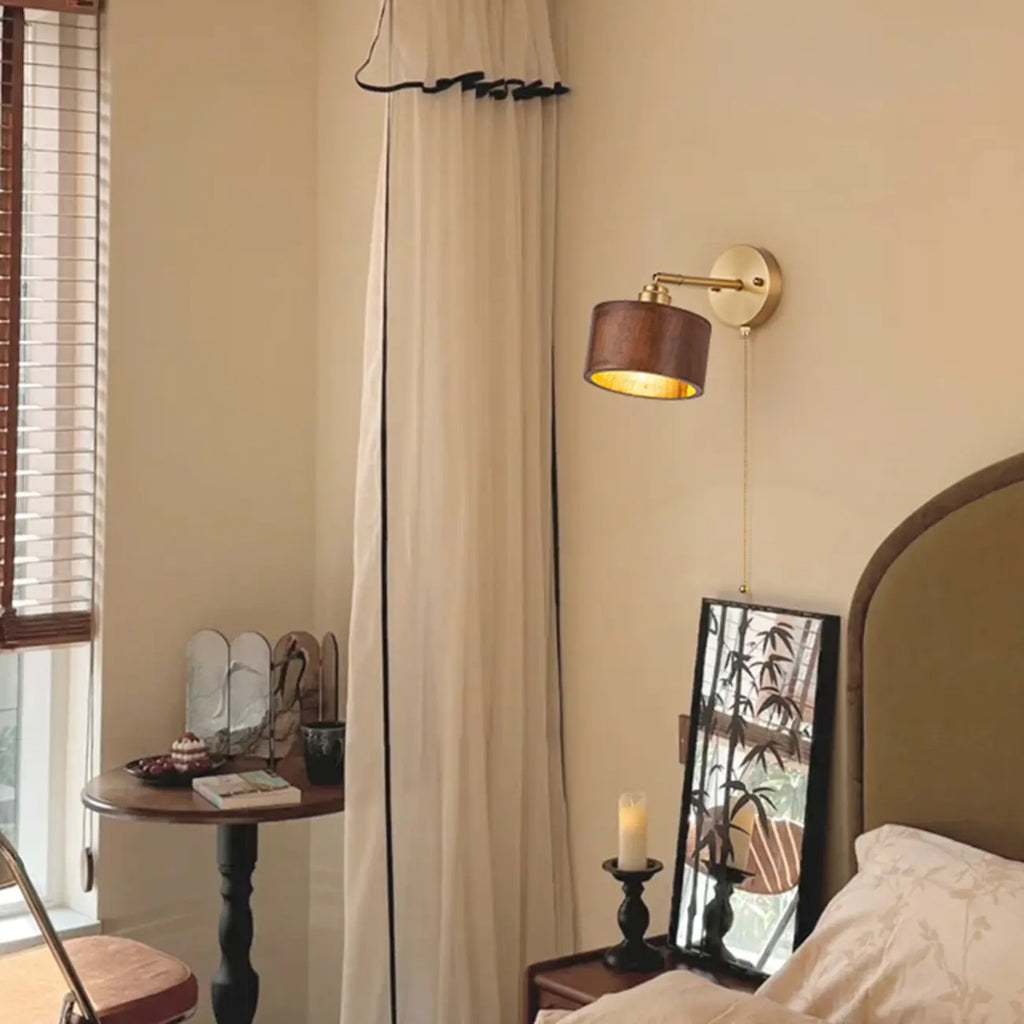 Wooden Drum-Shape Wall Sconce with Pull Chain for Bedroom
