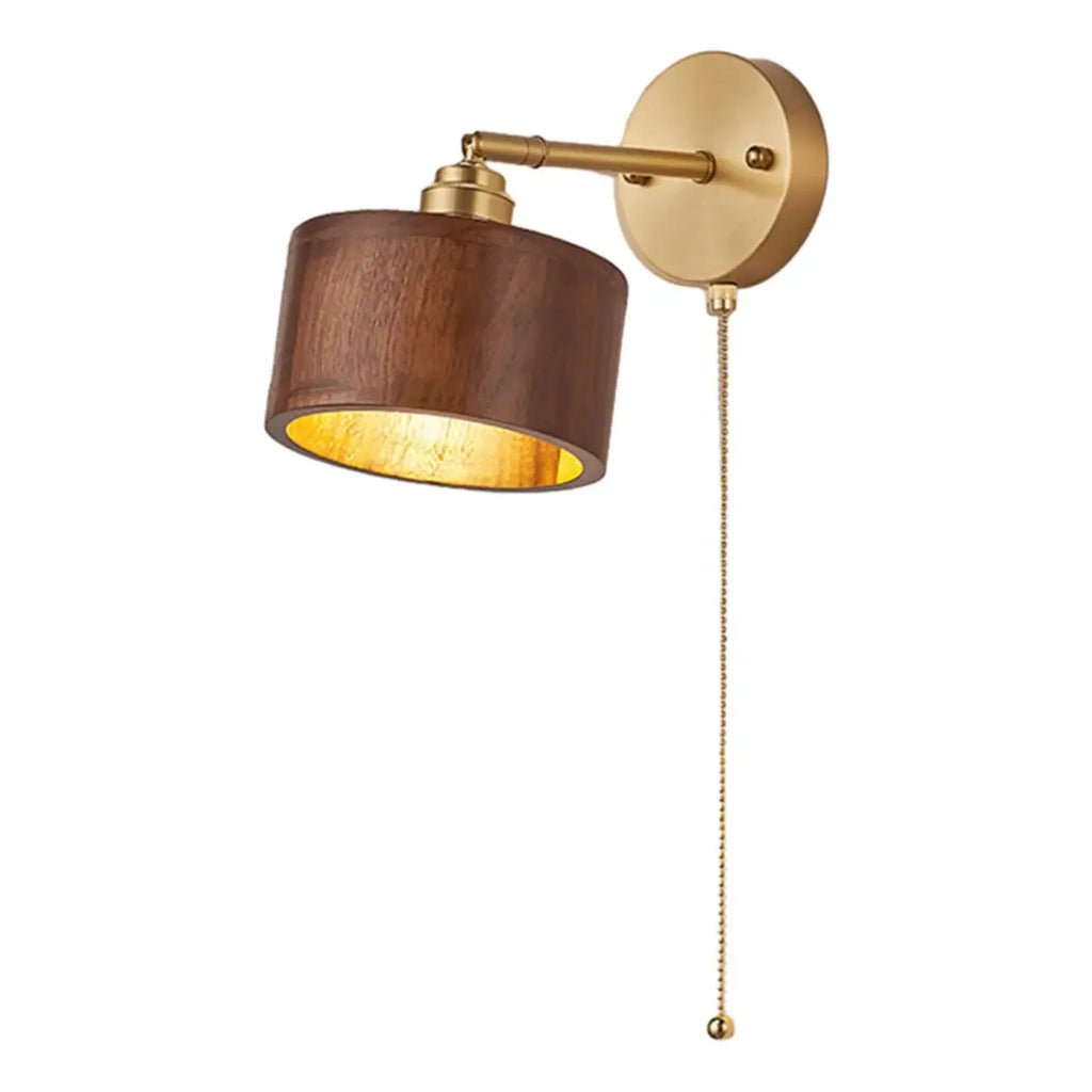 Wooden Drum-Shape Wall Sconce with Pull Chain for Bedroom