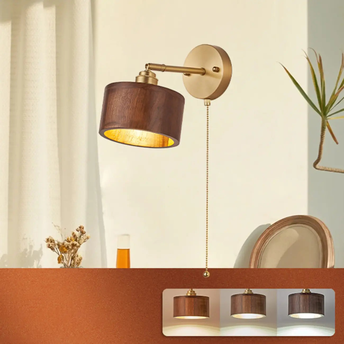Wooden Drum-Shape Wall Sconce with Pull Chain for Bedroom