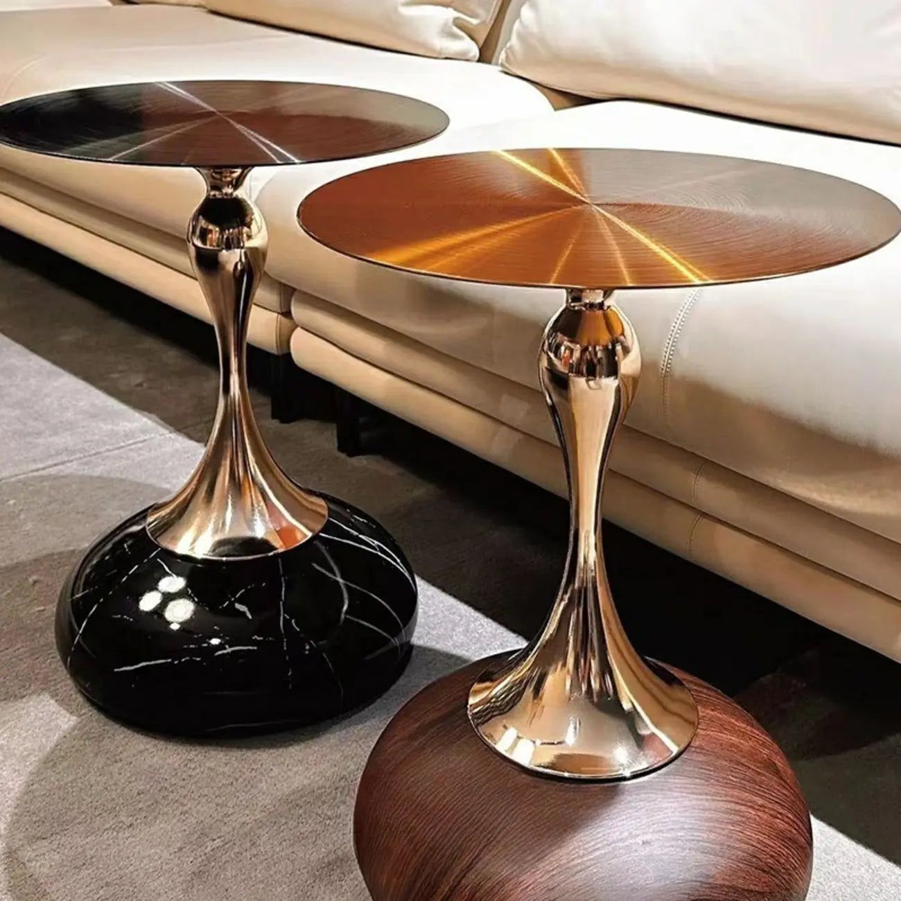 Glam Gold Stone Round Side Table for Living Room