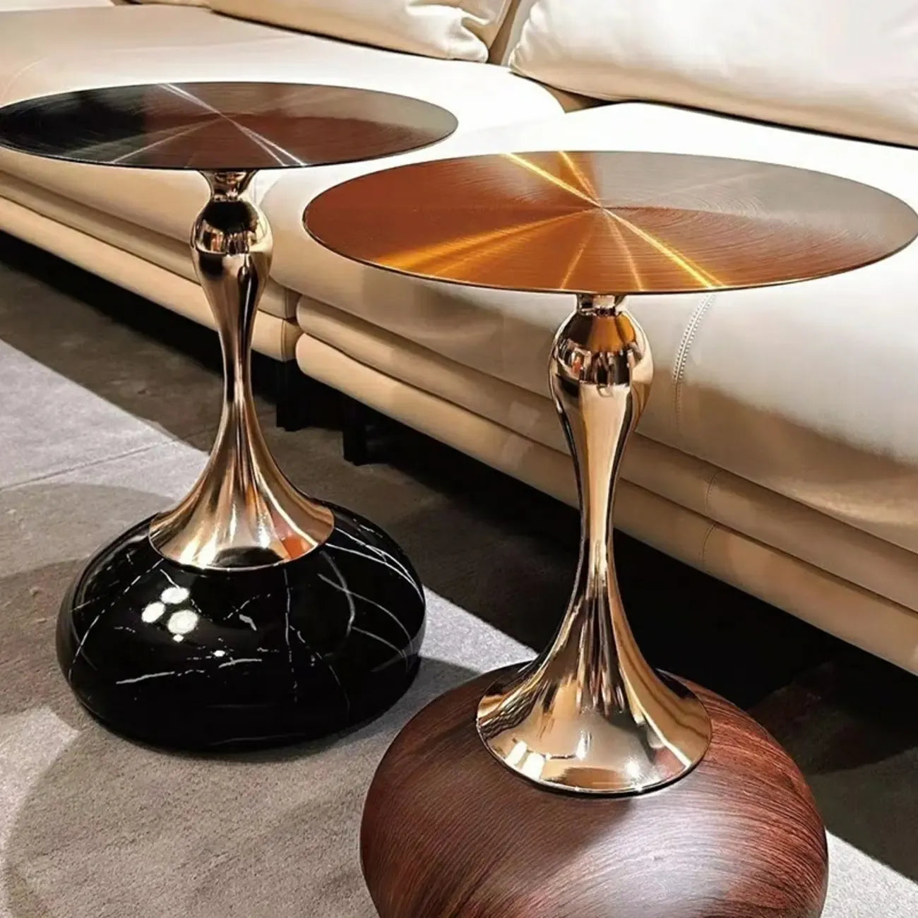 Glam Gold Stone Round Side Table for Living Room