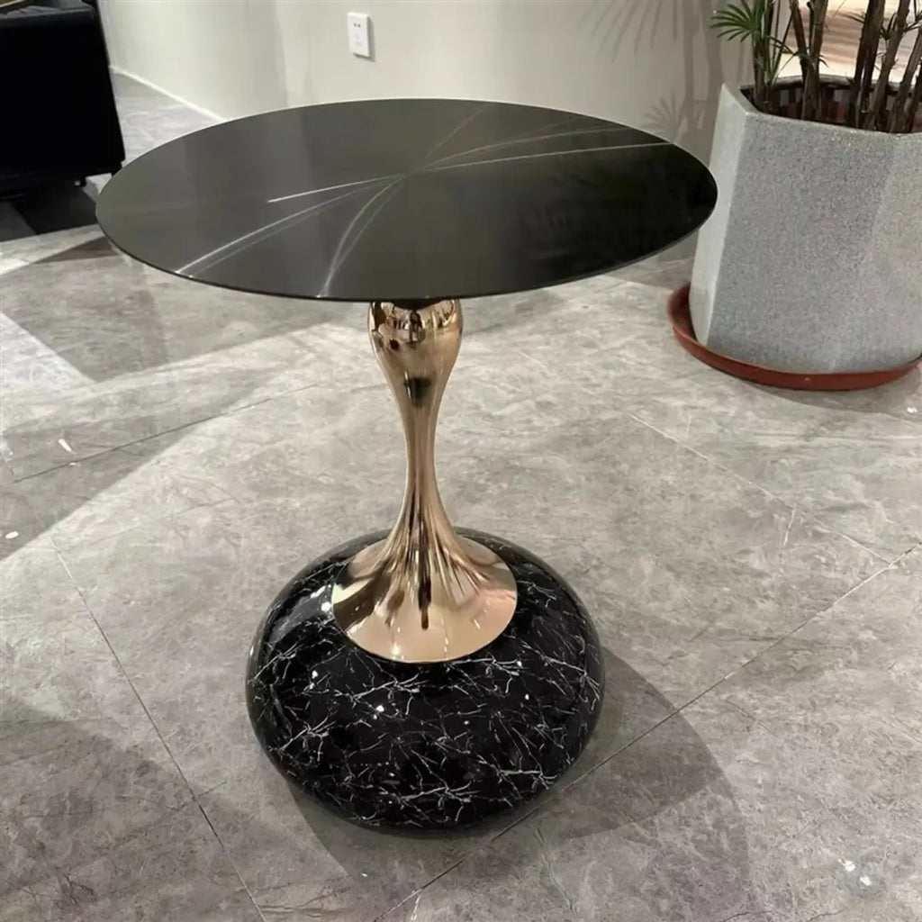 Glam Gold Stone Round Side Table for Living Room