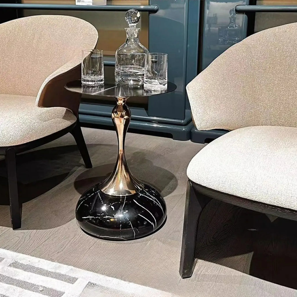 Glam Gold Stone Round Side Table for Living Room