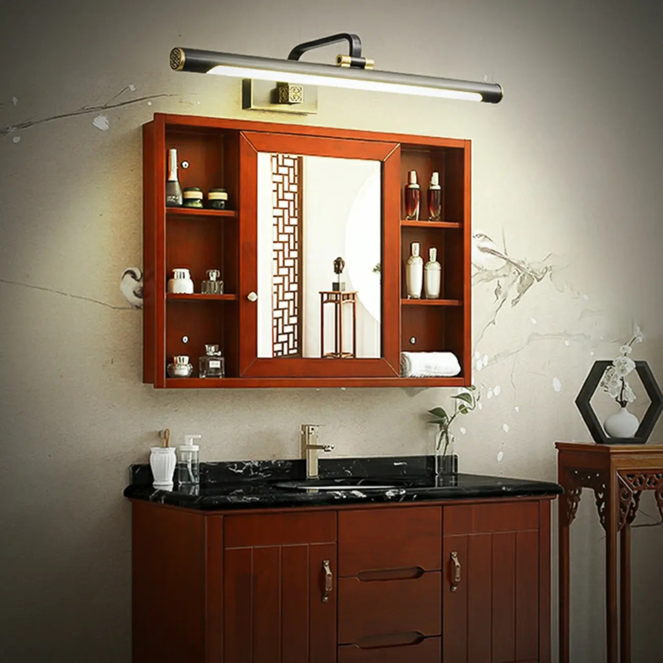 Minimalist Tubular Vanity Light with Adjustable Gold Arm