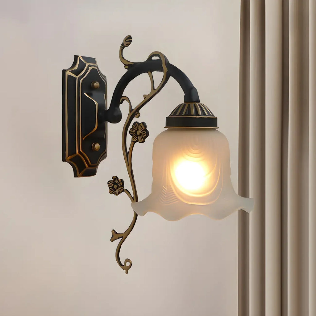 Simple Retro Floral Black-Gold Glass LED Wall Sconce