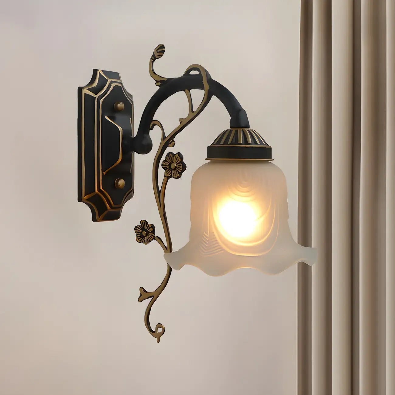 Simple Retro Floral Black-Gold Glass LED Wall Sconce