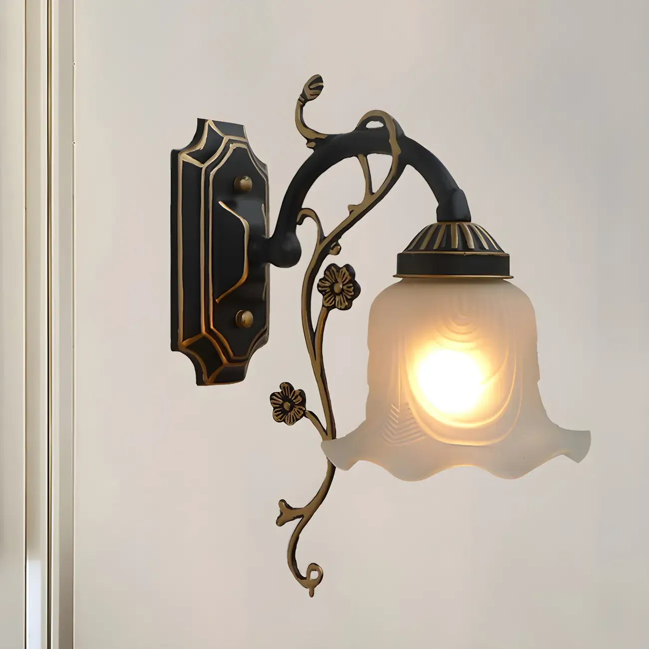 Simple Retro Floral Black-Gold Glass LED Wall Sconce