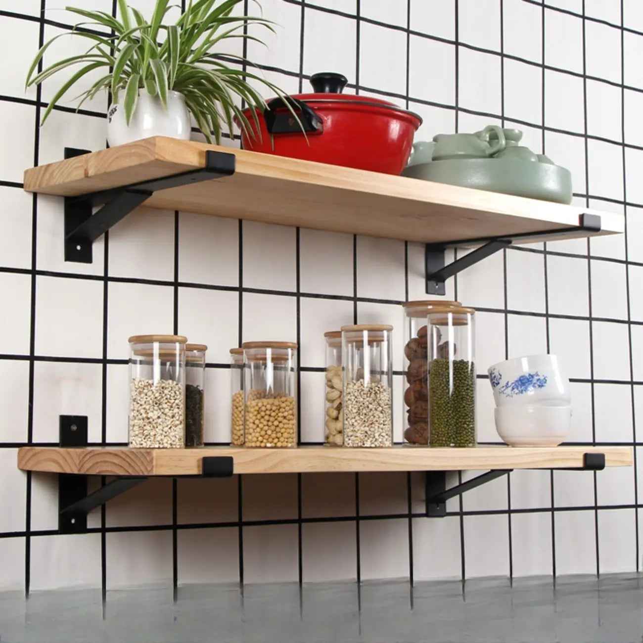 Kitchen Natural Pine Wood Wall-Mounted Storage Racks