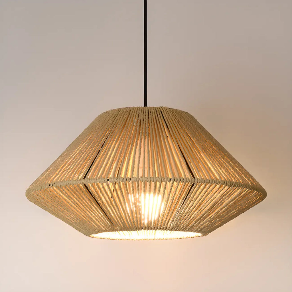 Adjustable Oriental Rattan & Metal Beige Pendant Light