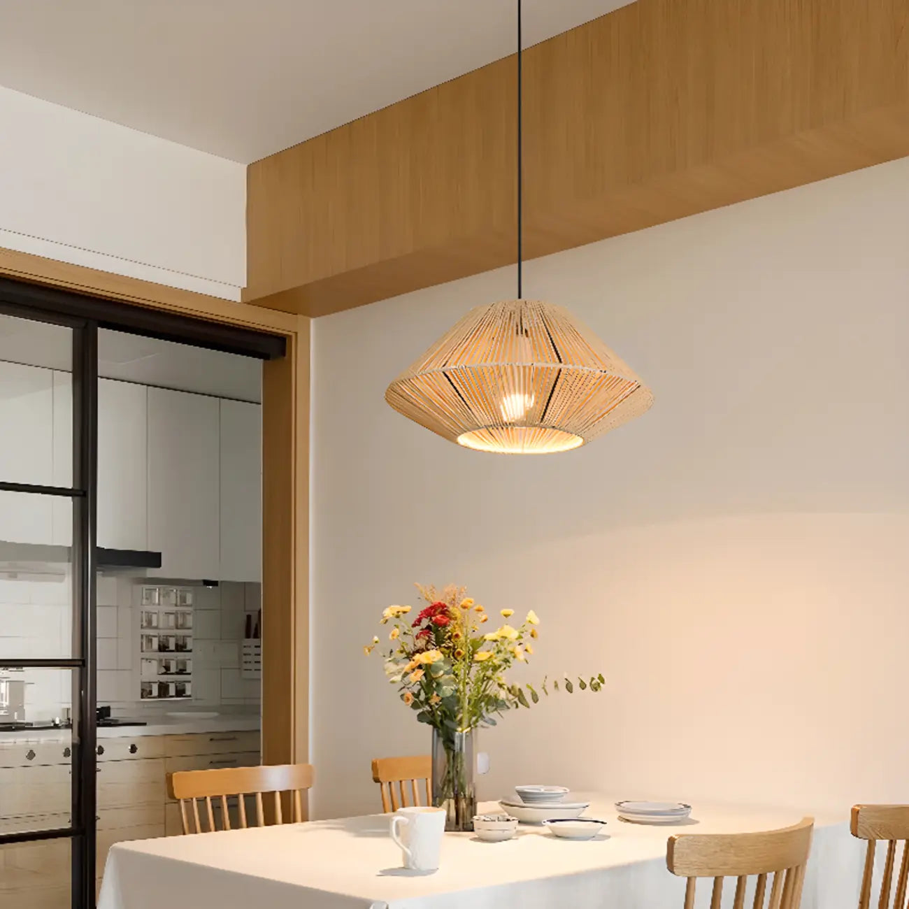 Adjustable Oriental Rattan & Metal Beige Pendant Light