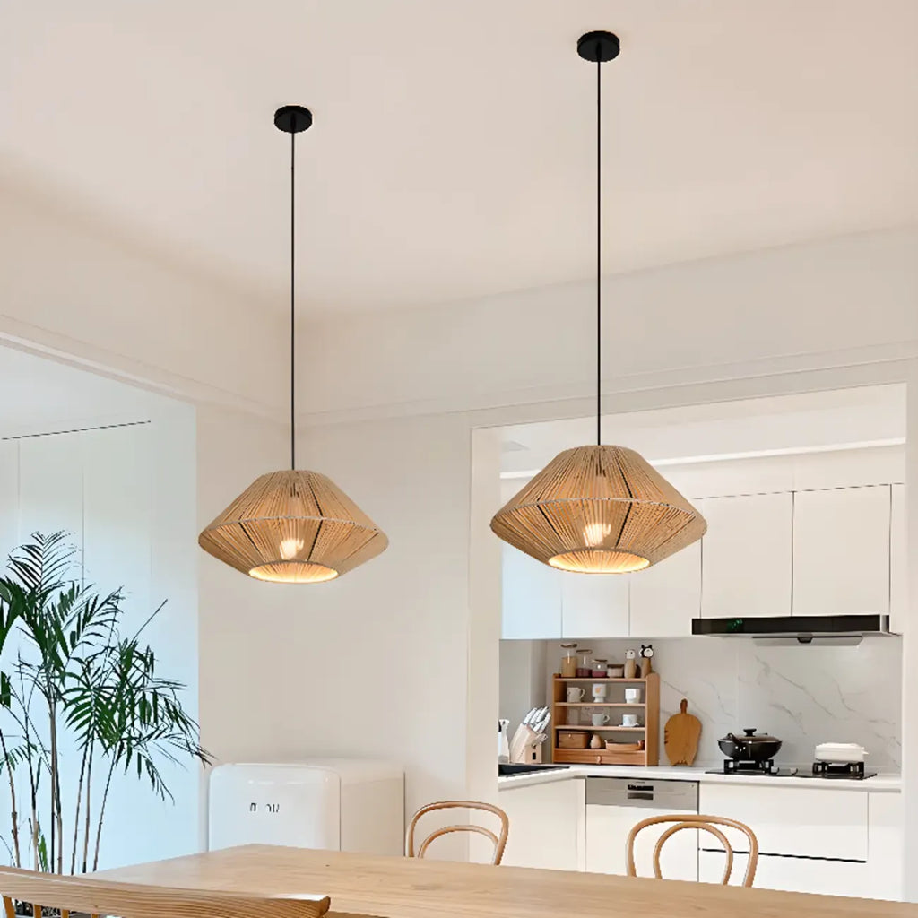 Adjustable Oriental Rattan & Metal Beige Pendant Light