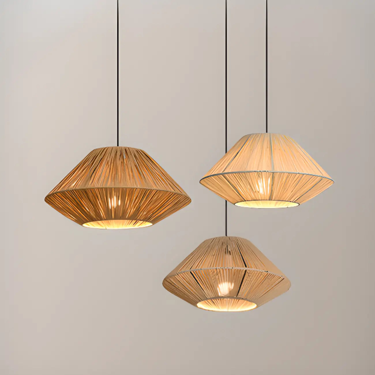 Adjustable Oriental Rattan & Metal Beige Pendant Light
