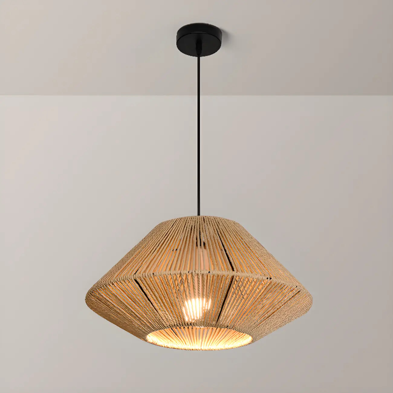 Adjustable Oriental Rattan & Metal Beige Pendant Light