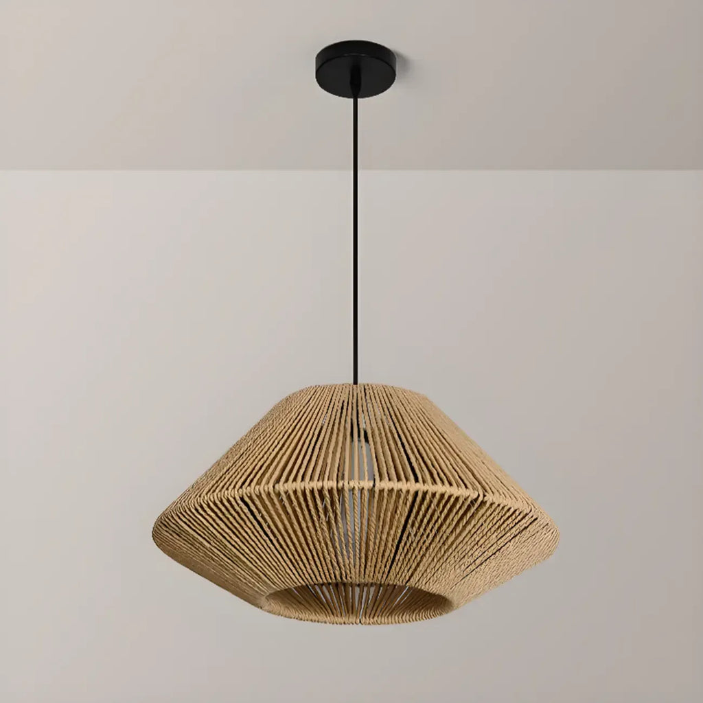 Adjustable Oriental Rattan & Metal Beige Pendant Light